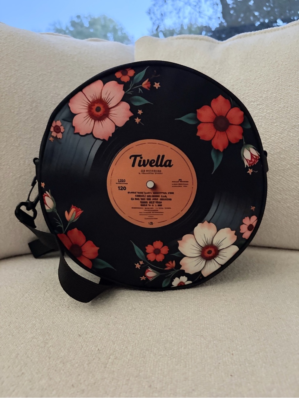 Ella Black Floral Vinyl Record Crossbody Bag with Red & Cream Flowers